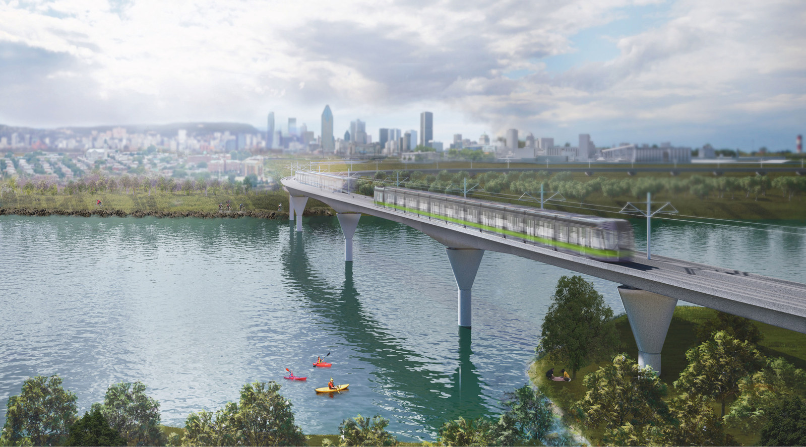 Maquette montrant un train du REM sur un pont