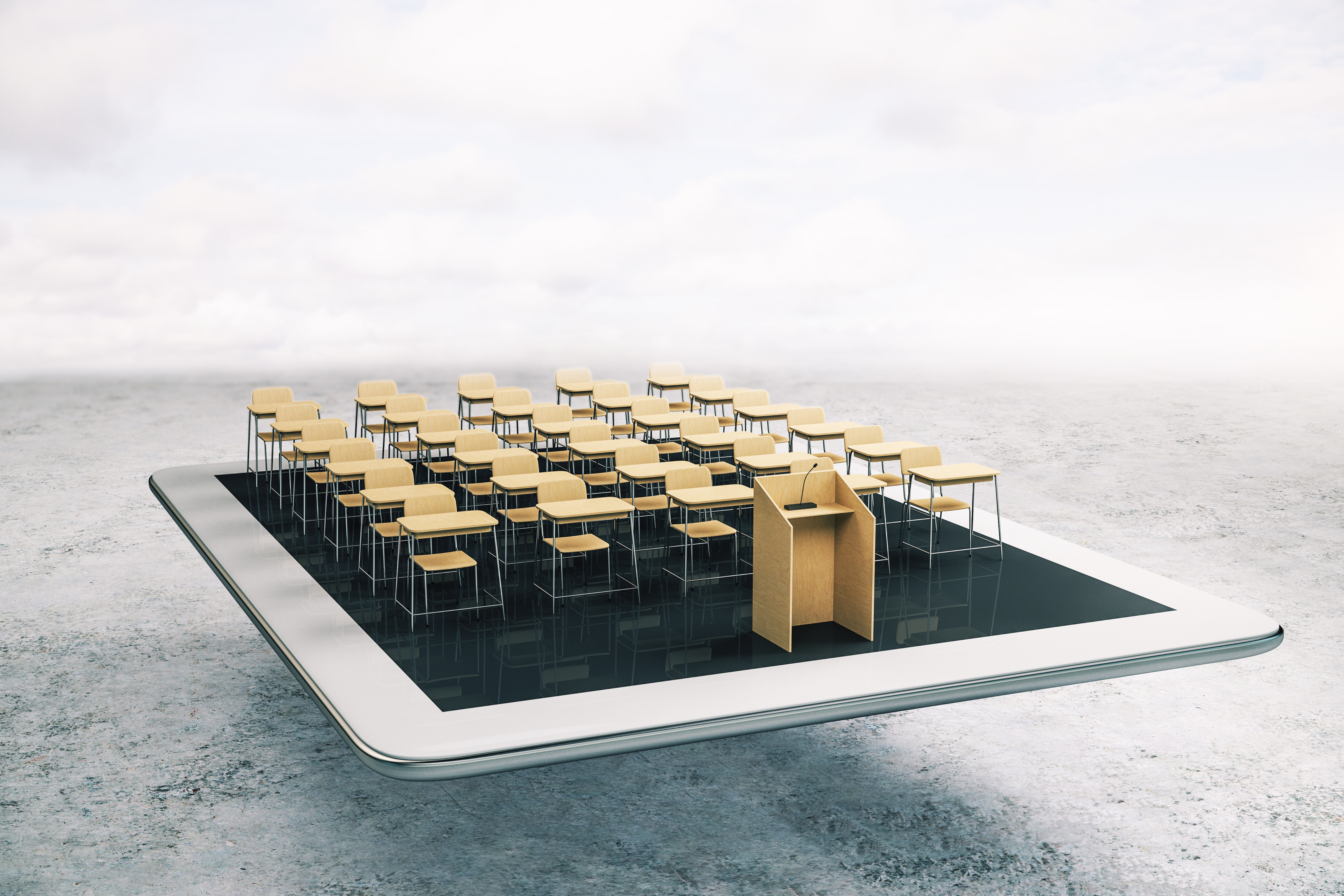 Education and webinar concept with wooden audience layout with tribune on white digital tablet. 3D Rendering