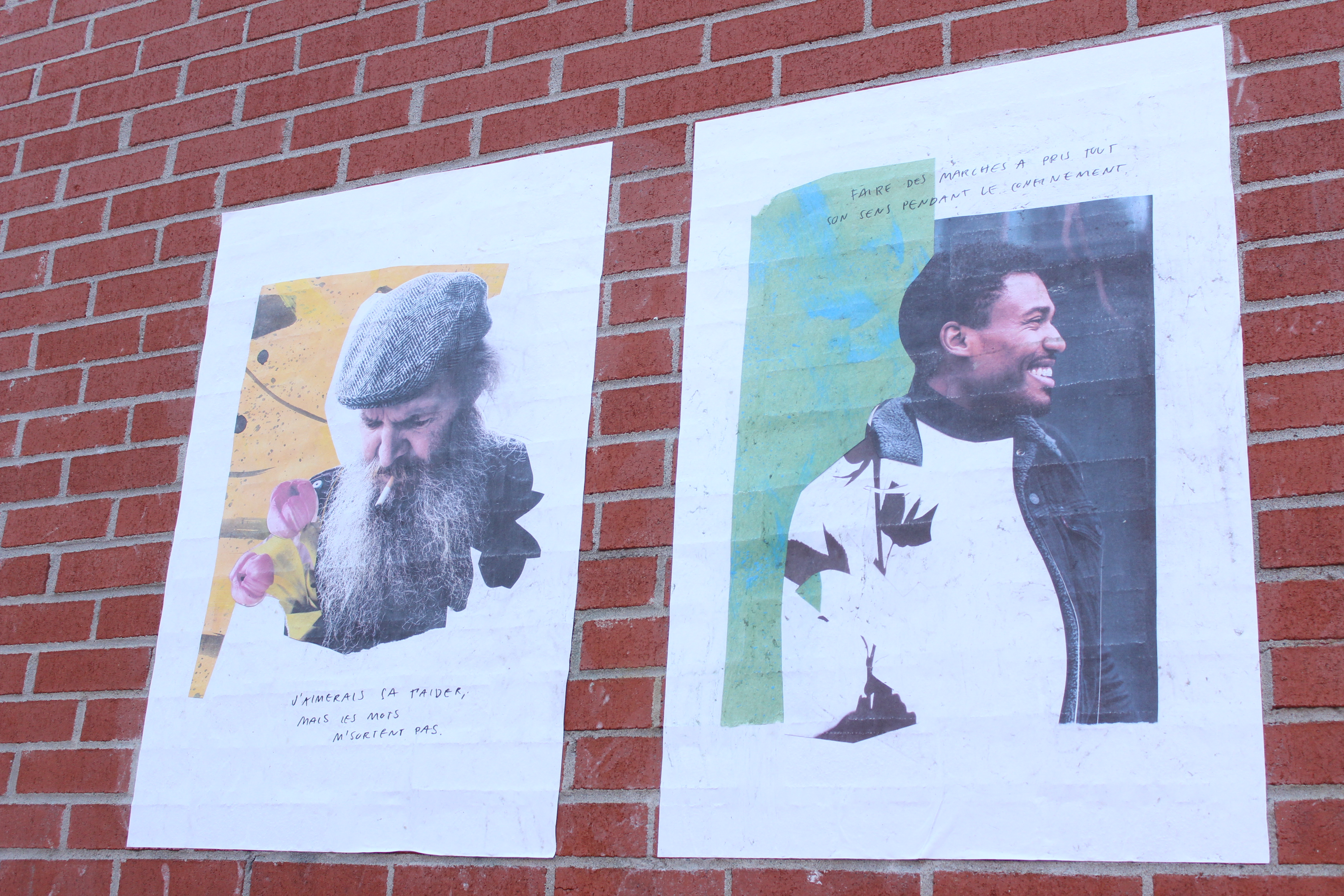 Des portraits sont exposés sur les murs et les vitrines de la rue Ontario.