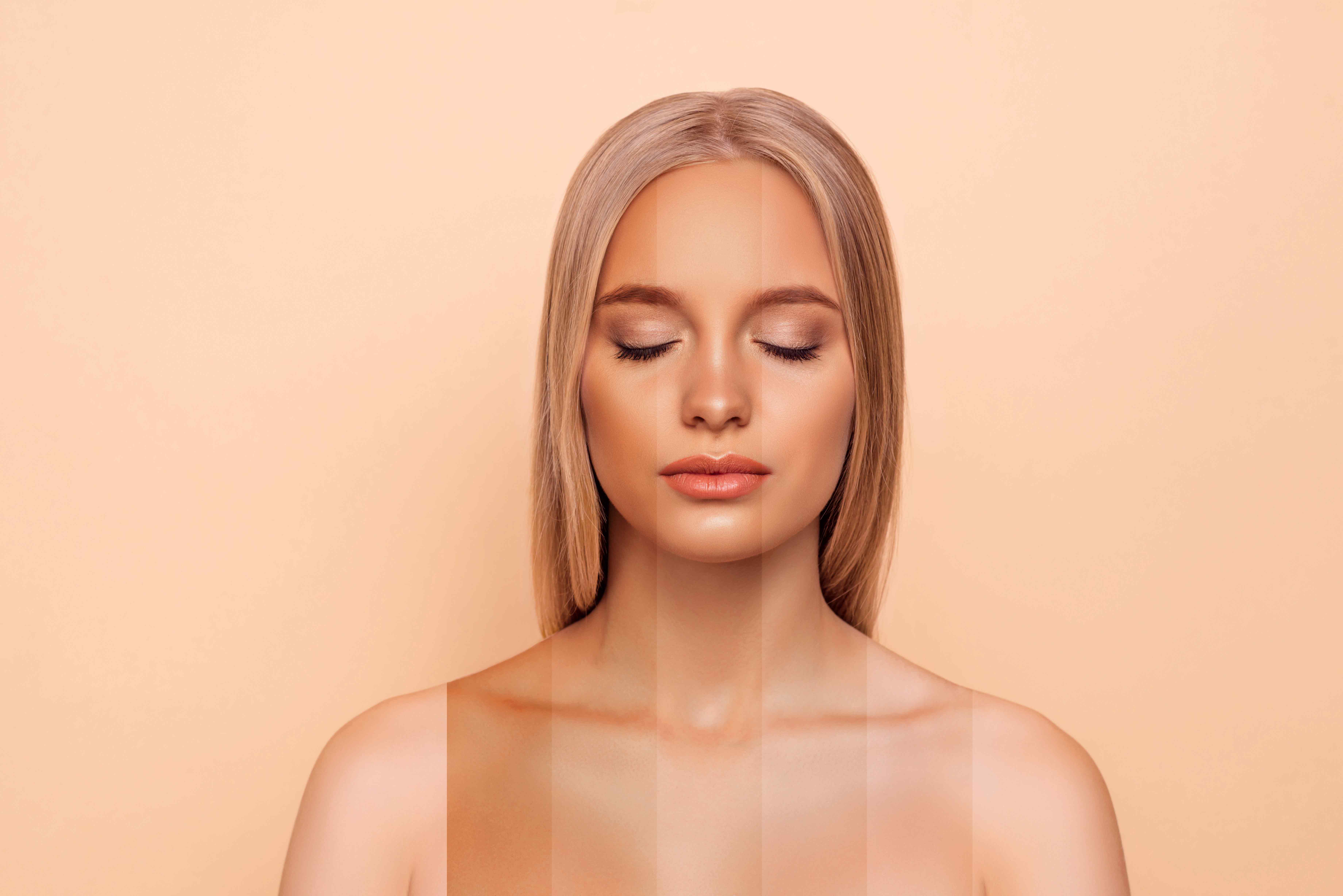 Close-up portrait of nice attractive blonde naked nude lady with pure perfect flawless smooth soft shine skin different color parts closed eyes bronze blusher isolated over pastel gray background