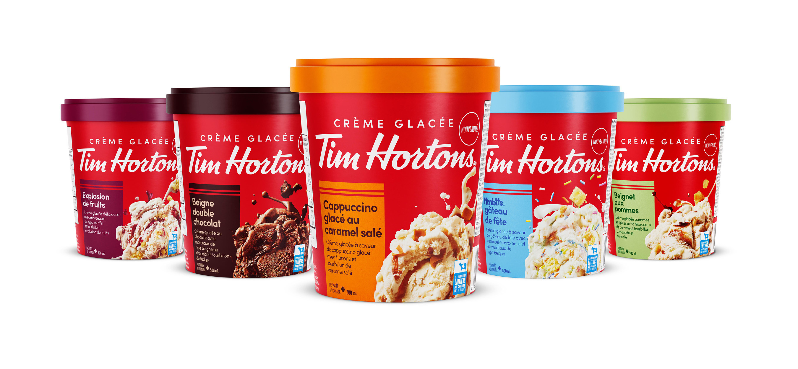 Les cinq saveurs de crème glacée de Tim Hortons.