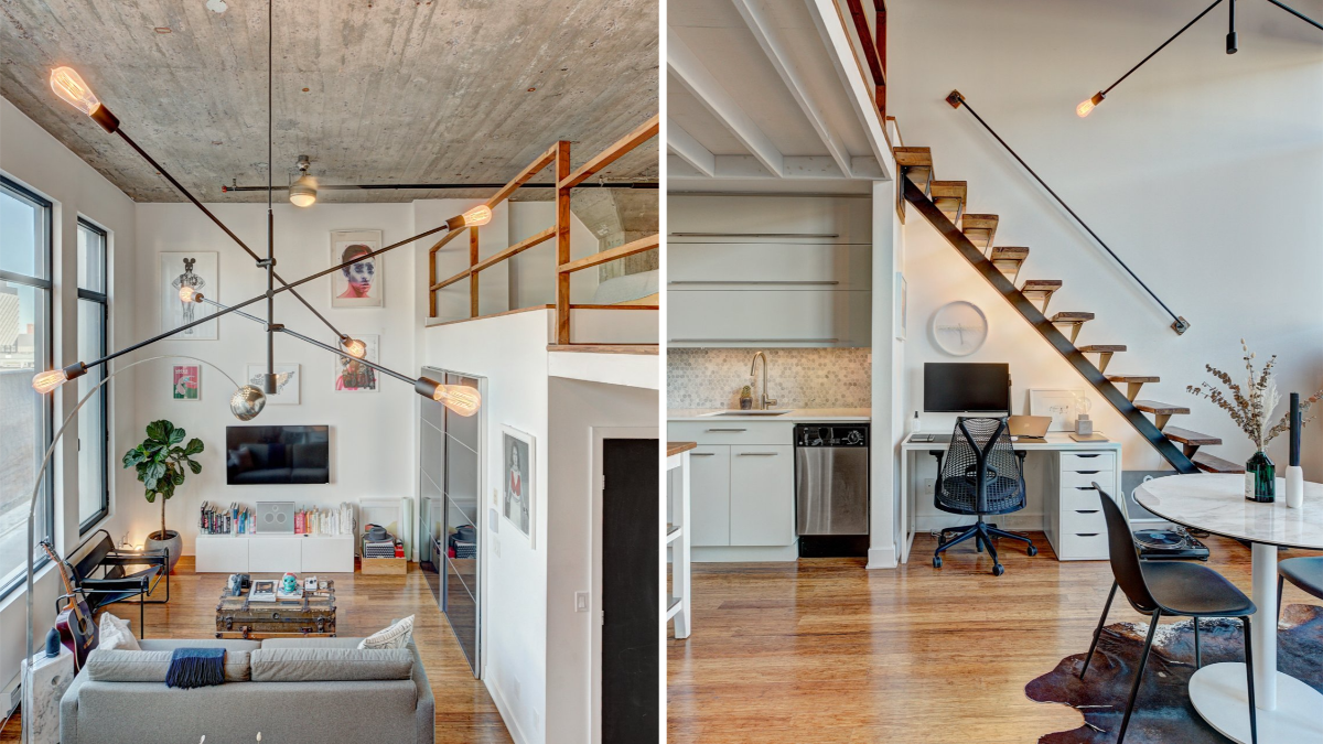 Une salle à manger et une vue aérienne de l'intérieur d'un condo moderne.