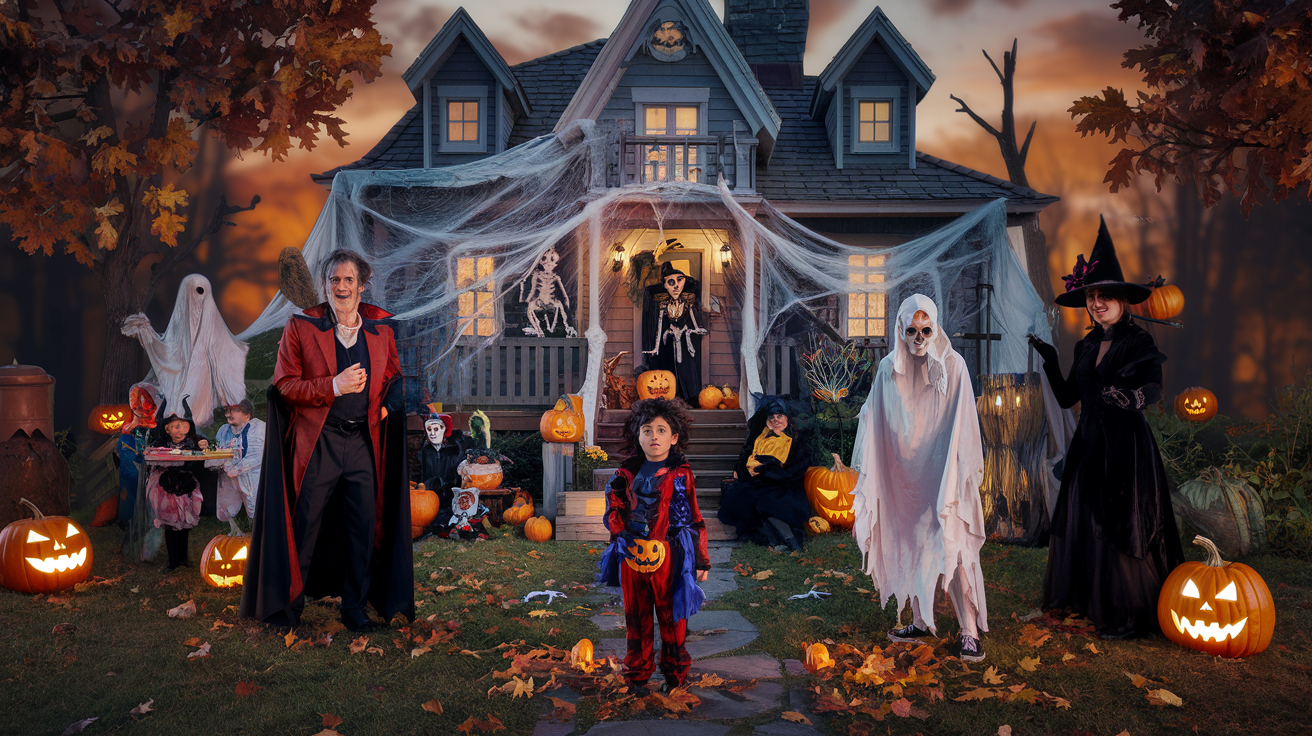 Des enfants costumés devant une maison décorée pour l'Halloween.