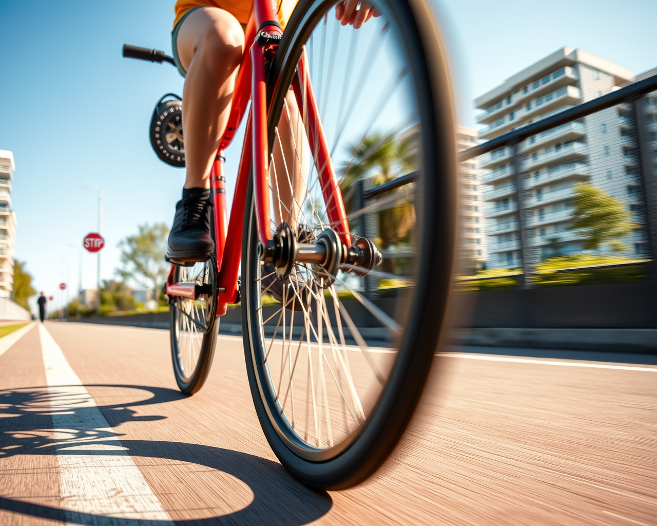 Un vélo circule sur une piste cyclable dans un environnement urbain.