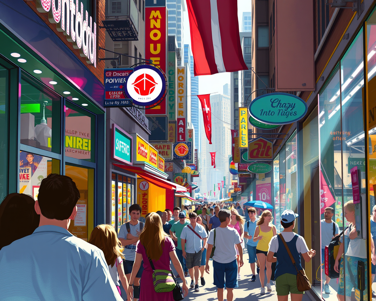 Image stylisée générée par l'IA représentant une artère commerciale achalandée.