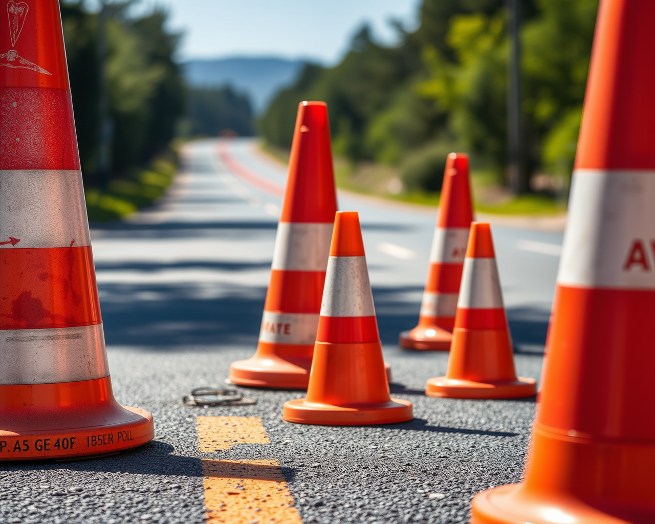 Image générée par l'intelligence artificielle montrant des cônes oranges sur un chemin à Longueuil.
