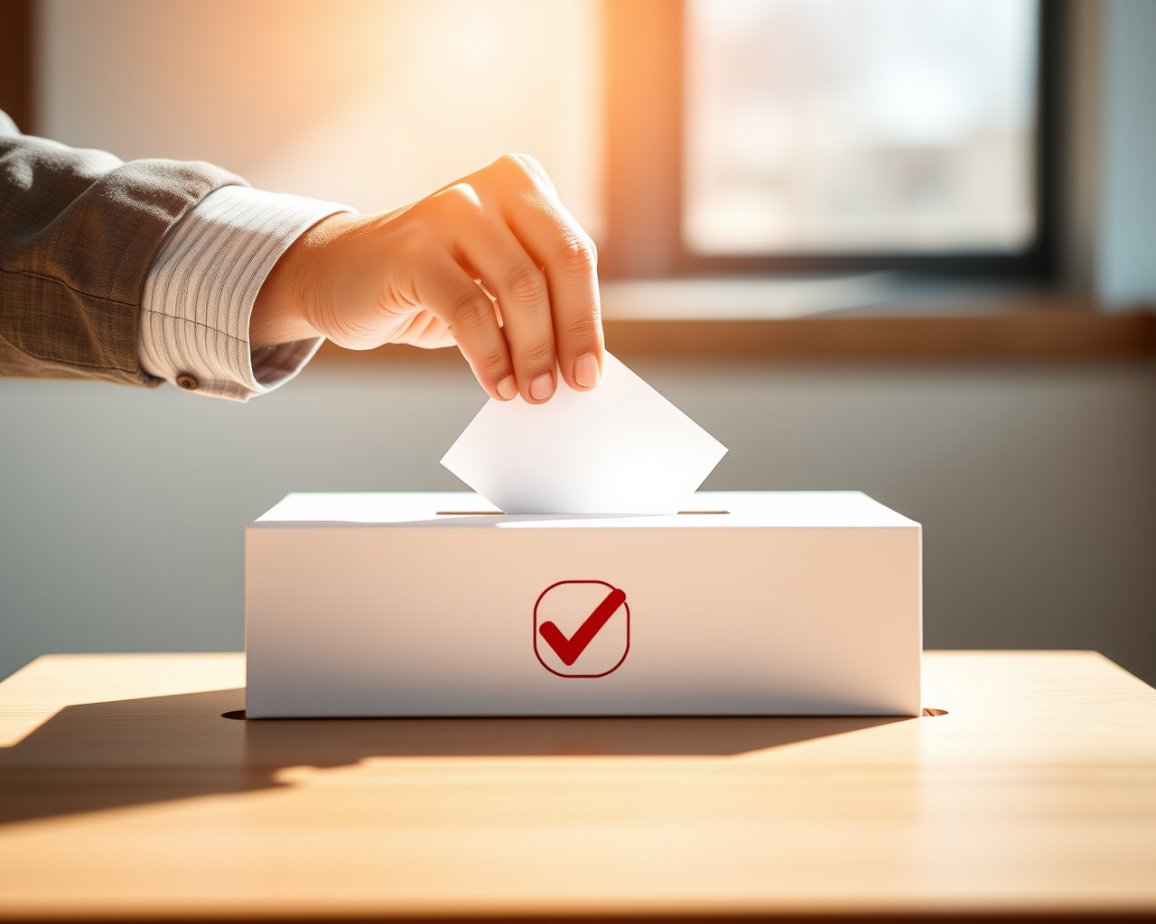 Une main place un bulletin de vote dans une boîte de scrutin.