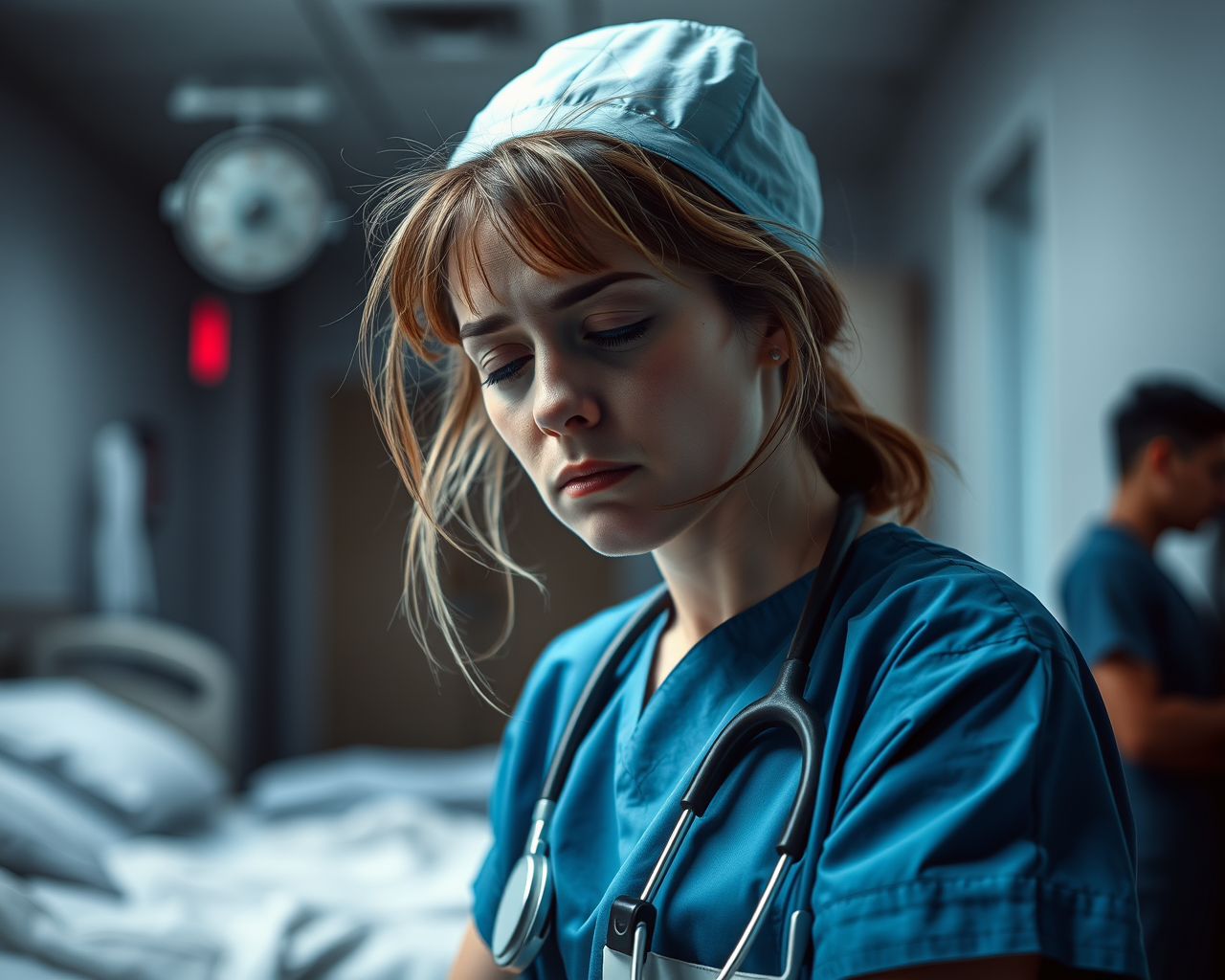 Image générée par l'intelligence artificielle montrant une jeune infirmière fatiguée.