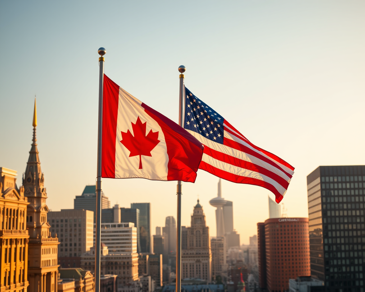 Les drapeaux du Canada et des États-Unis survolent un paysage rappelant celui de Montréal.