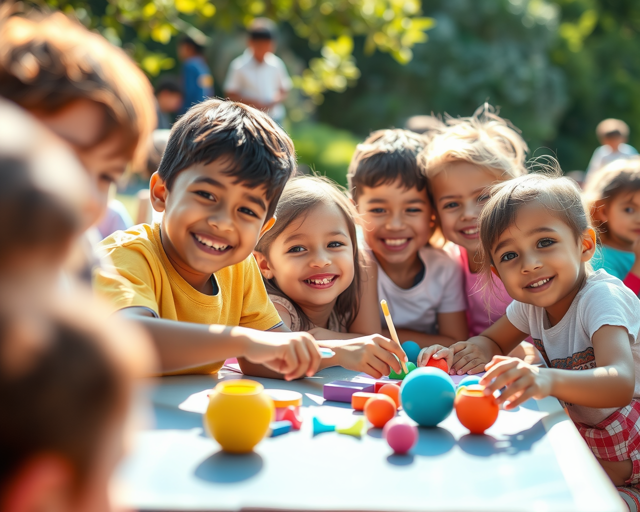 Image générée par l'intelligence artificielle montrant des enfants souriants dans un camp de jour.