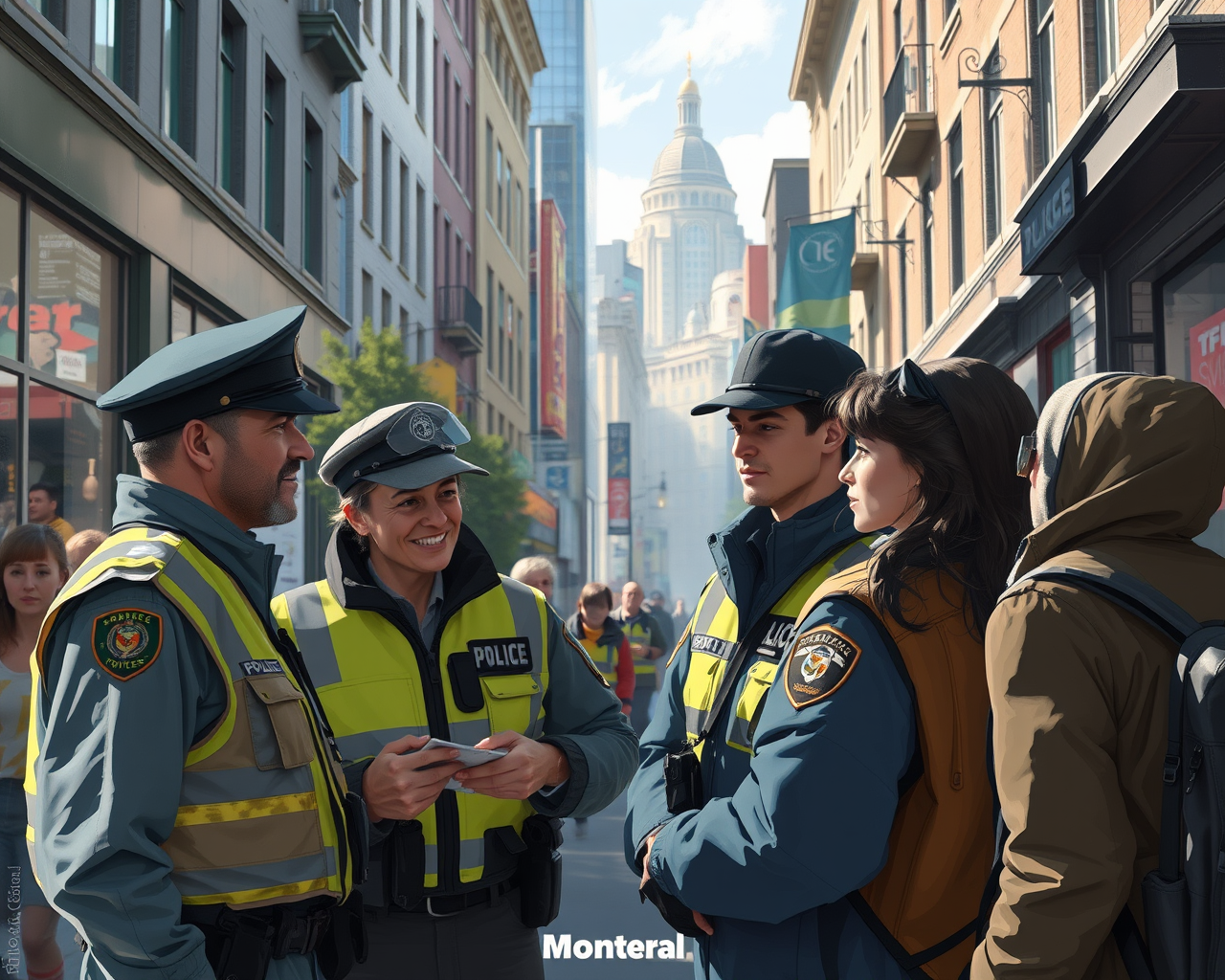 Des policiers et des citoyens d'un comité de vigie discutent dans une rue. Image générée par l'intelligence artificielle.