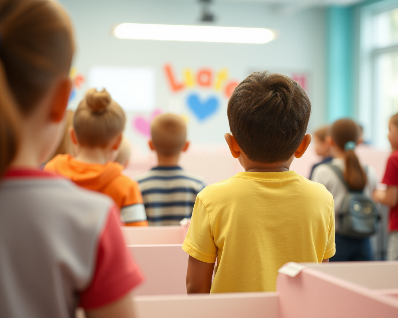 Des enfants dans un bureau de vote participant à une simulation de vote.