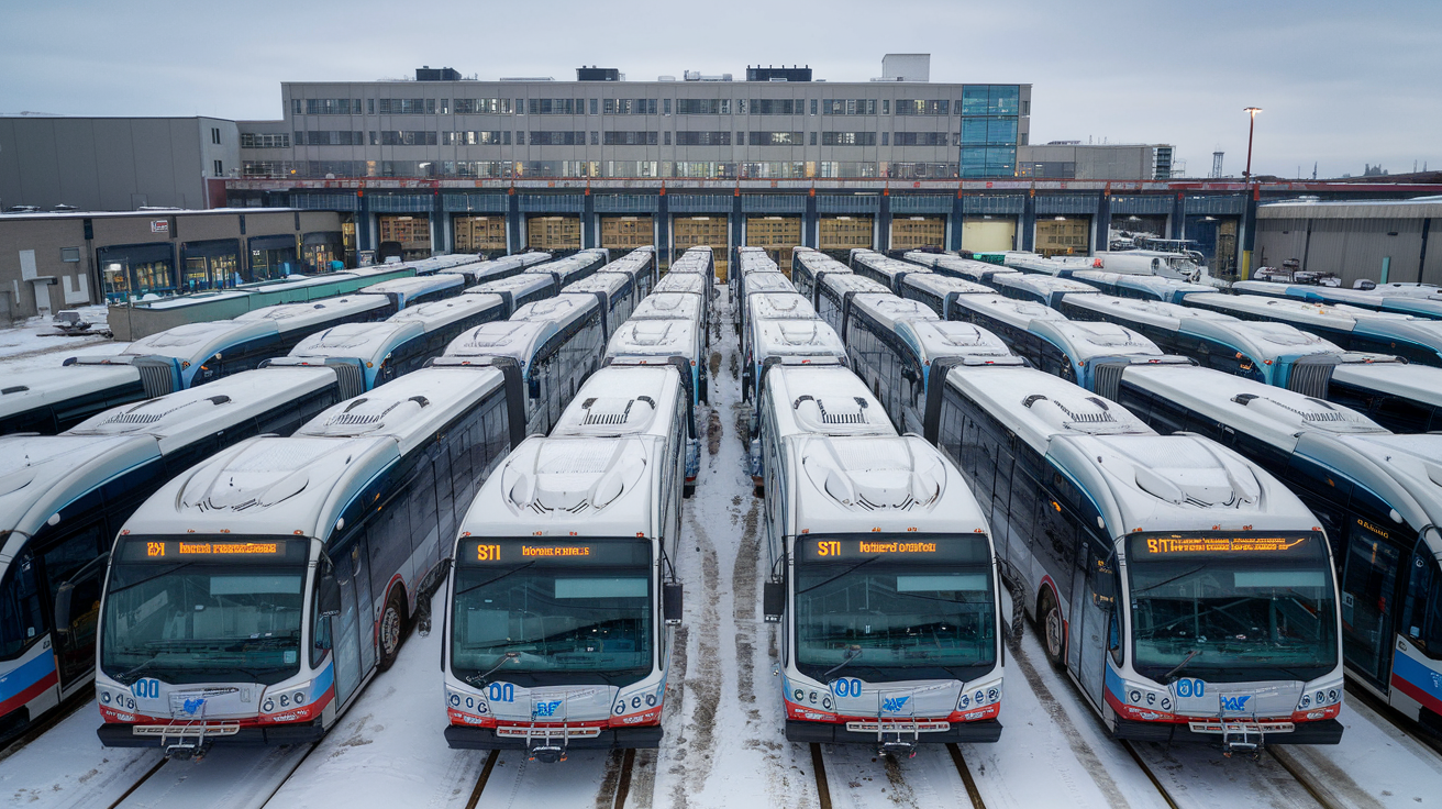 Image générée par l'intelligence artificielle représentant de nombreux autobus articulés à l'arrêt dans un stationnement de la STM.