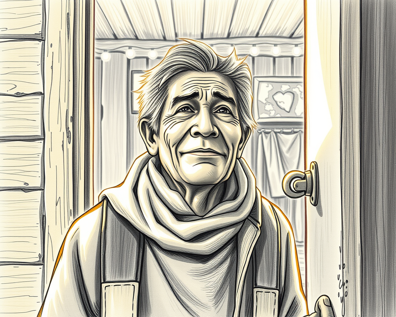 Dessin d'une personne issue de l'itinérance entrant dans sa nouvelle demeure. L'homme a un léger sourire au visage.