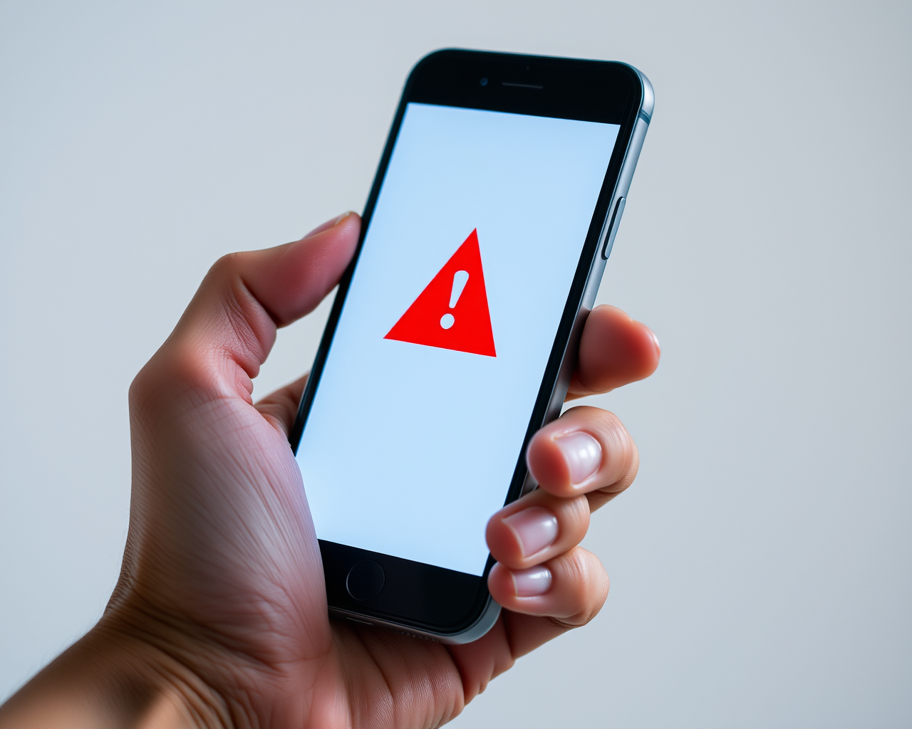 Image générée par l'intelligence artificielle montrant une main tenant un téléphone cellulaire. L'écran du téléphone montre une alerte.