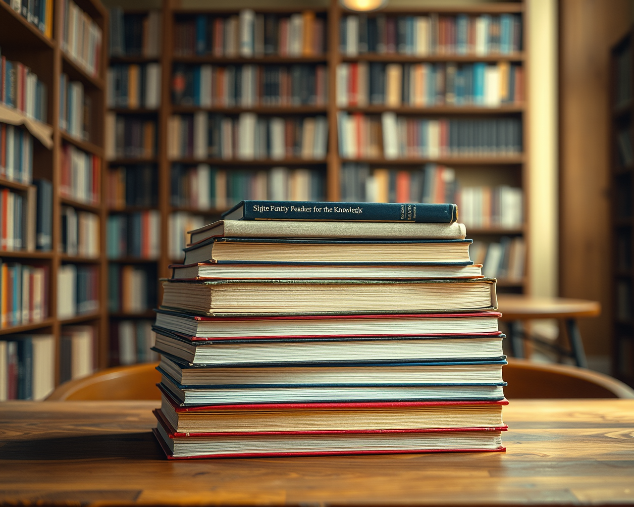 Une pile de livres sur une table dans une bibliothèque.