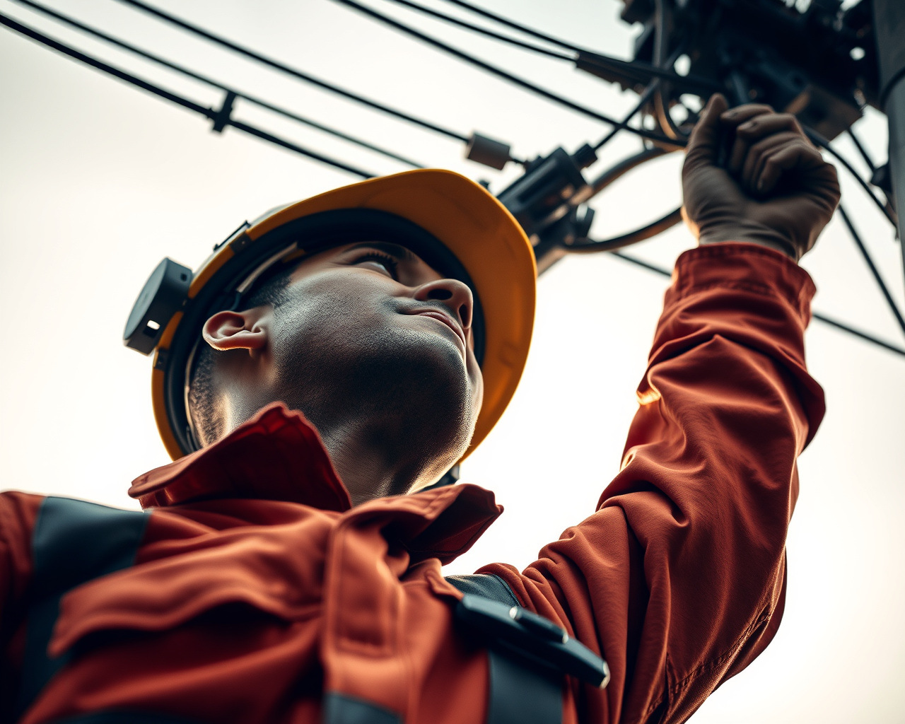 Un travailleur répare des lignes électriques.