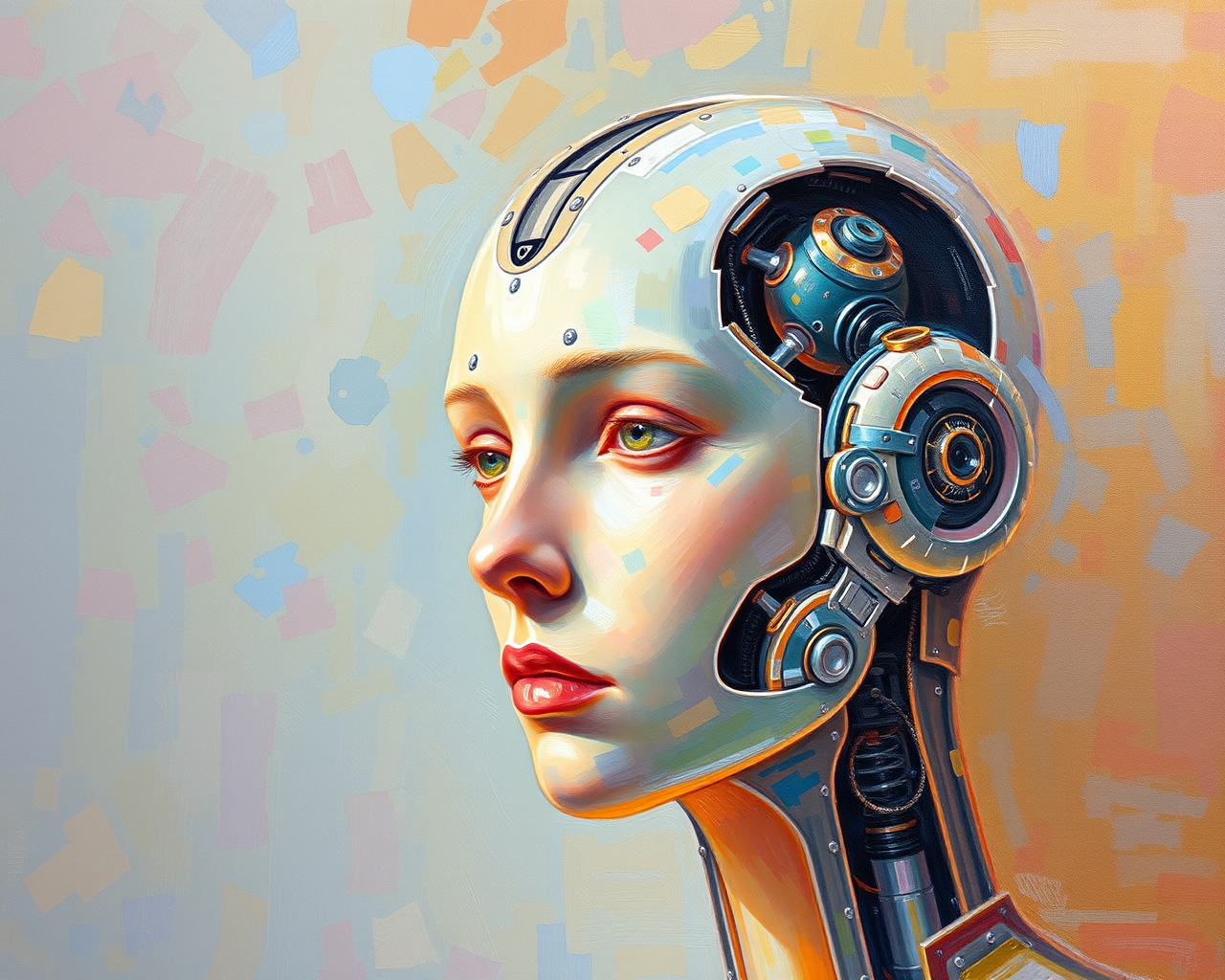 Image générée par l’IA représentant une peinture d’une tête cybernétique.