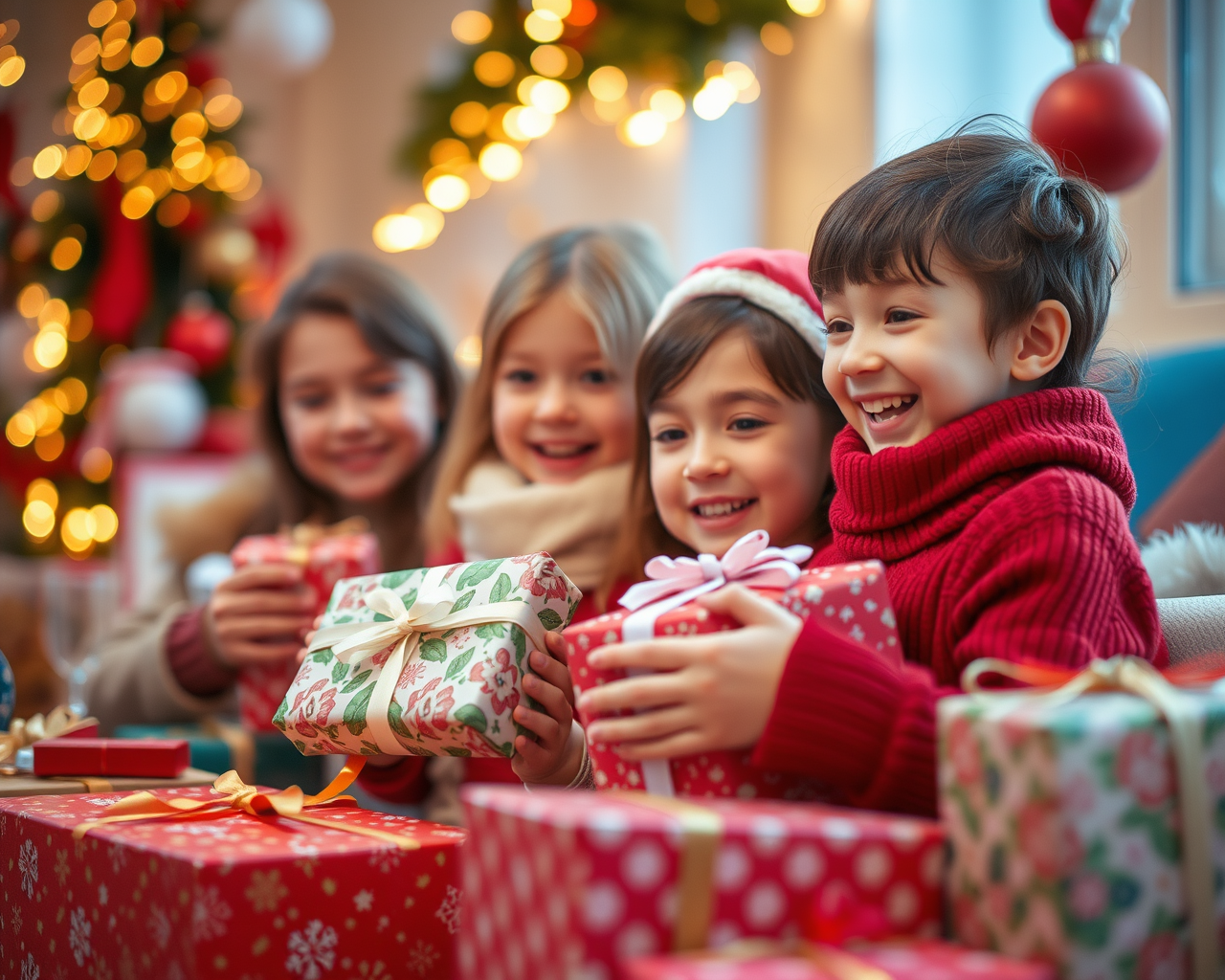 Image générée par l'intelligence artificielle montrant des enfants souriants recevant un cadeau de Noël.