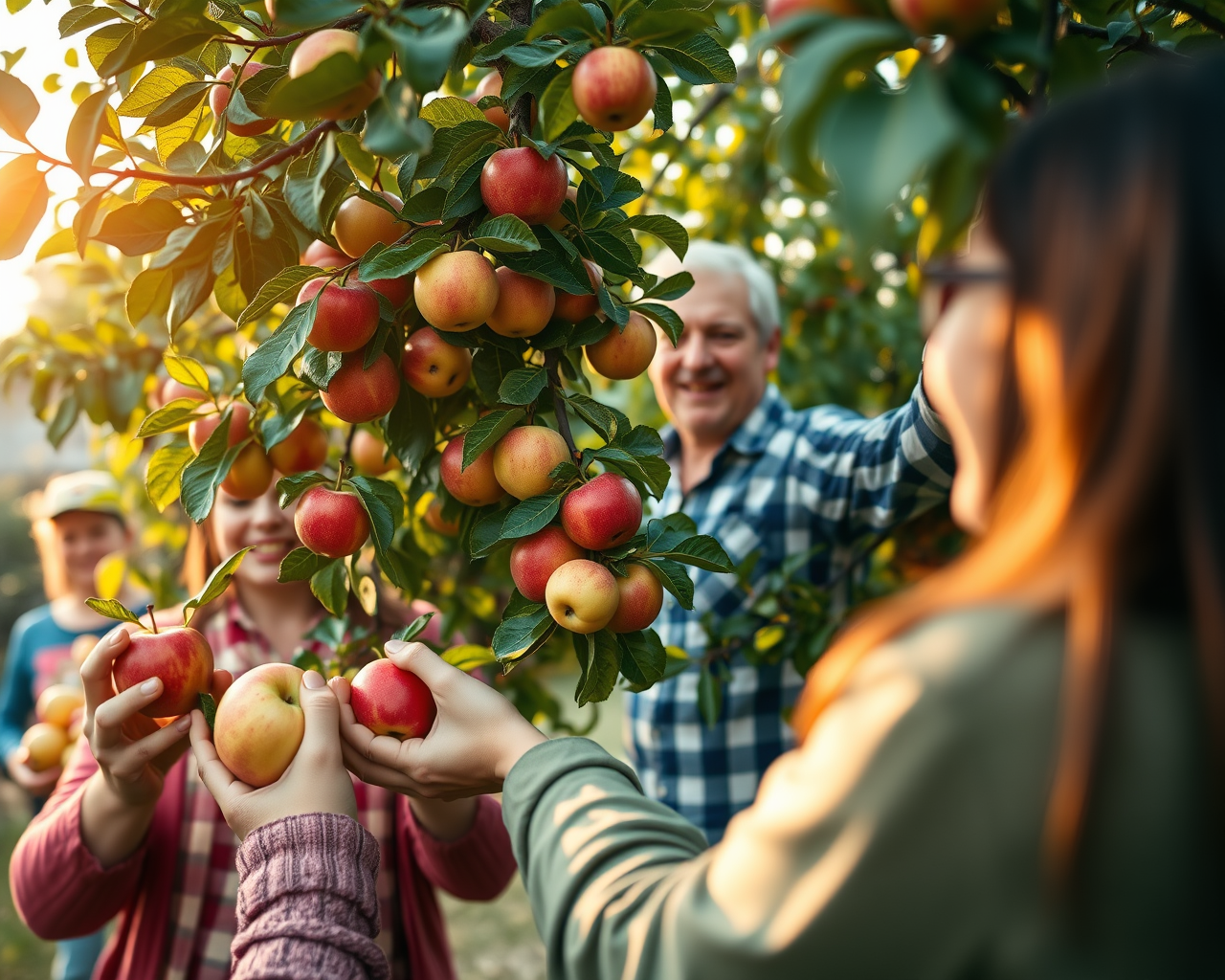 Image générée par l'intelligence artificielle montrant des individus d'âges variés faisant la collecte de pommes sur une propriété résidentielle.
