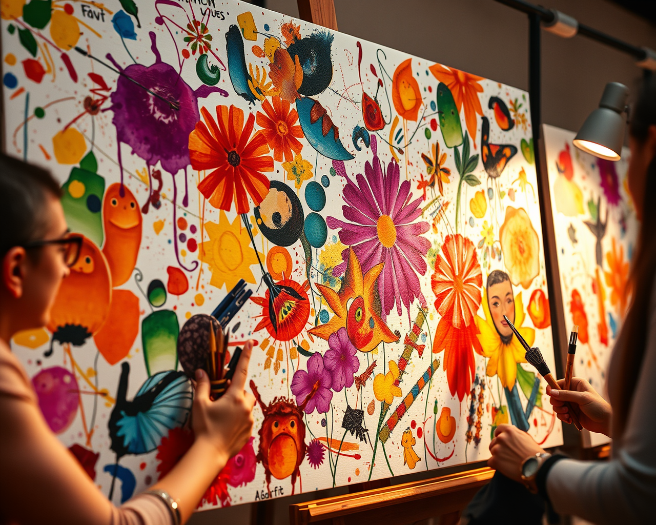 Image générée par l'intelligence artificielle montrant deux artistes travaillant sur une peinture de fleurs.