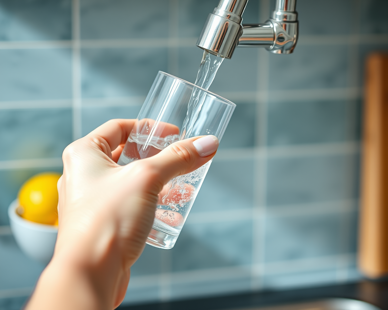 une femme remplit un verre d'eau.