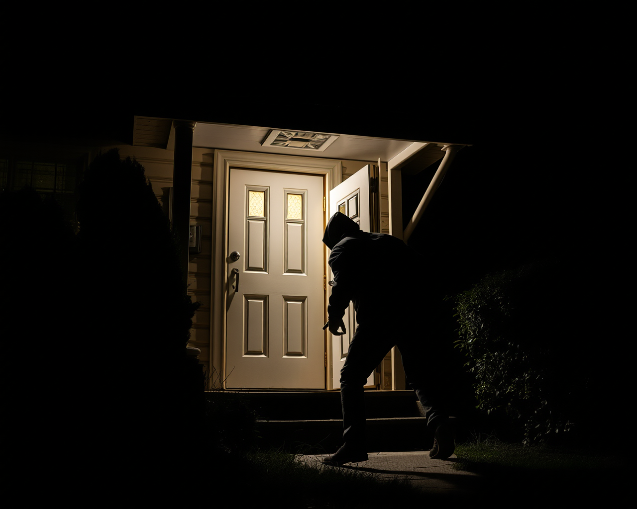 Image générée par l'intelligence artificielle d'un cambrioleur qui entre par effraction dans une maison.
