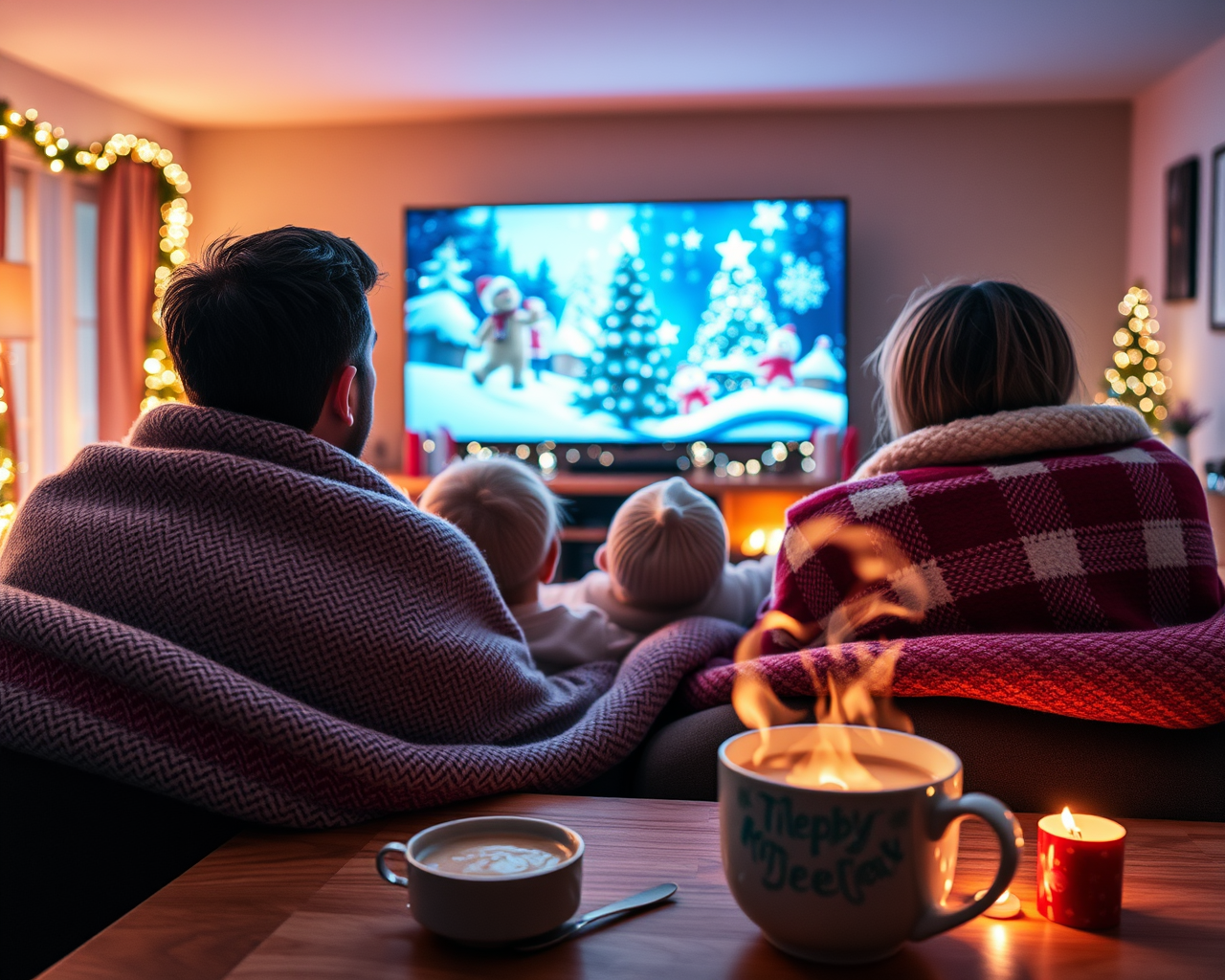 Une famille est installée devant la télé et écoute un film de Noël.