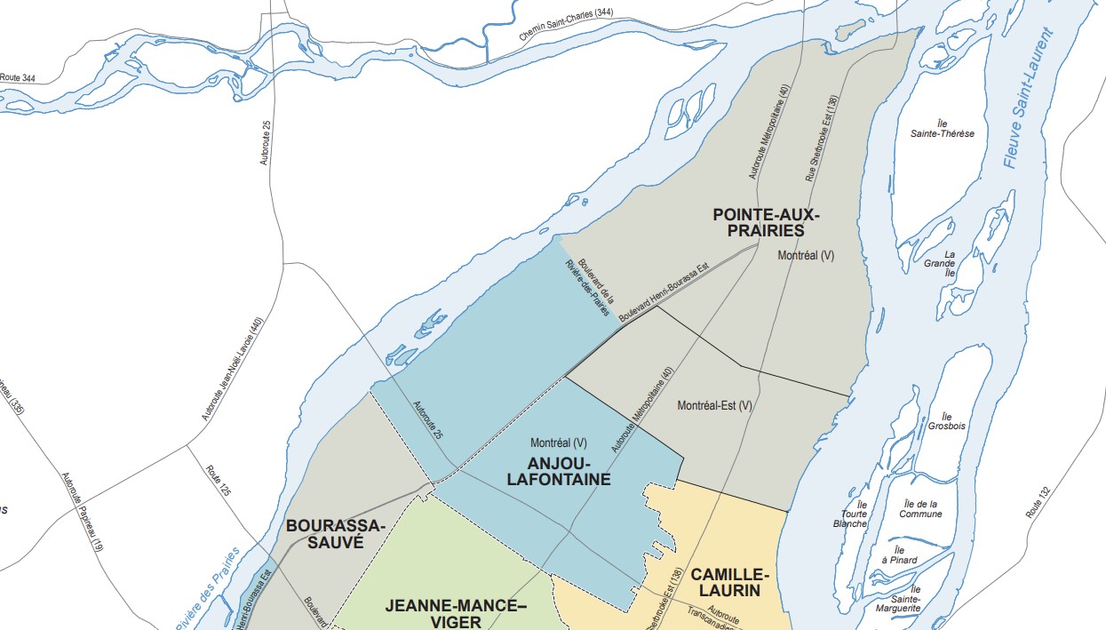 Carte montrant les nouvelles circonscriptions provinciales dans l'Est de Montréal.