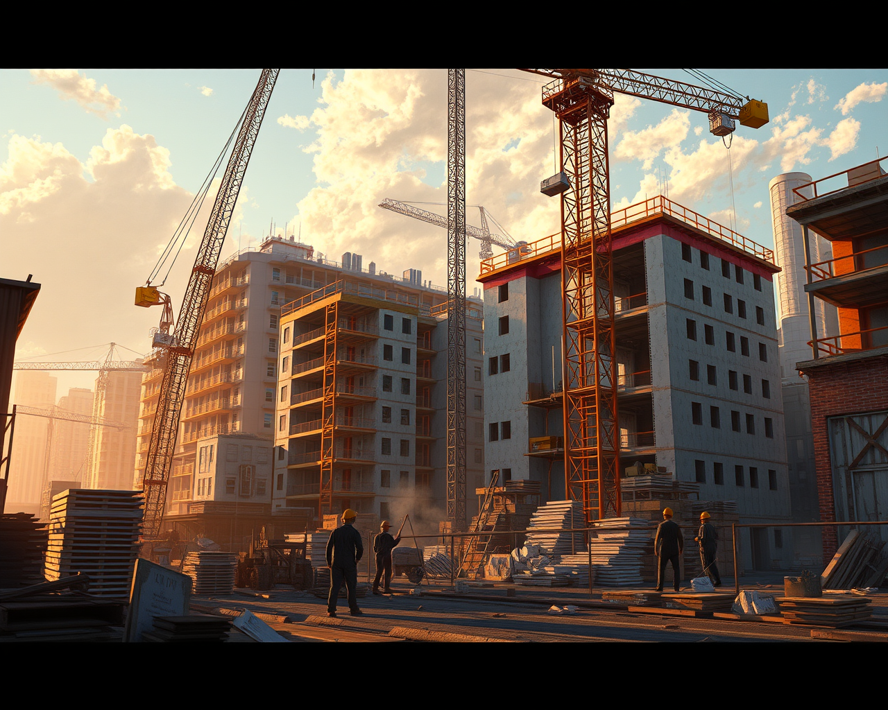 Image générée par l'intelligence artificielle montrant un site de constructrion résidentielle dans un milieu urbain.