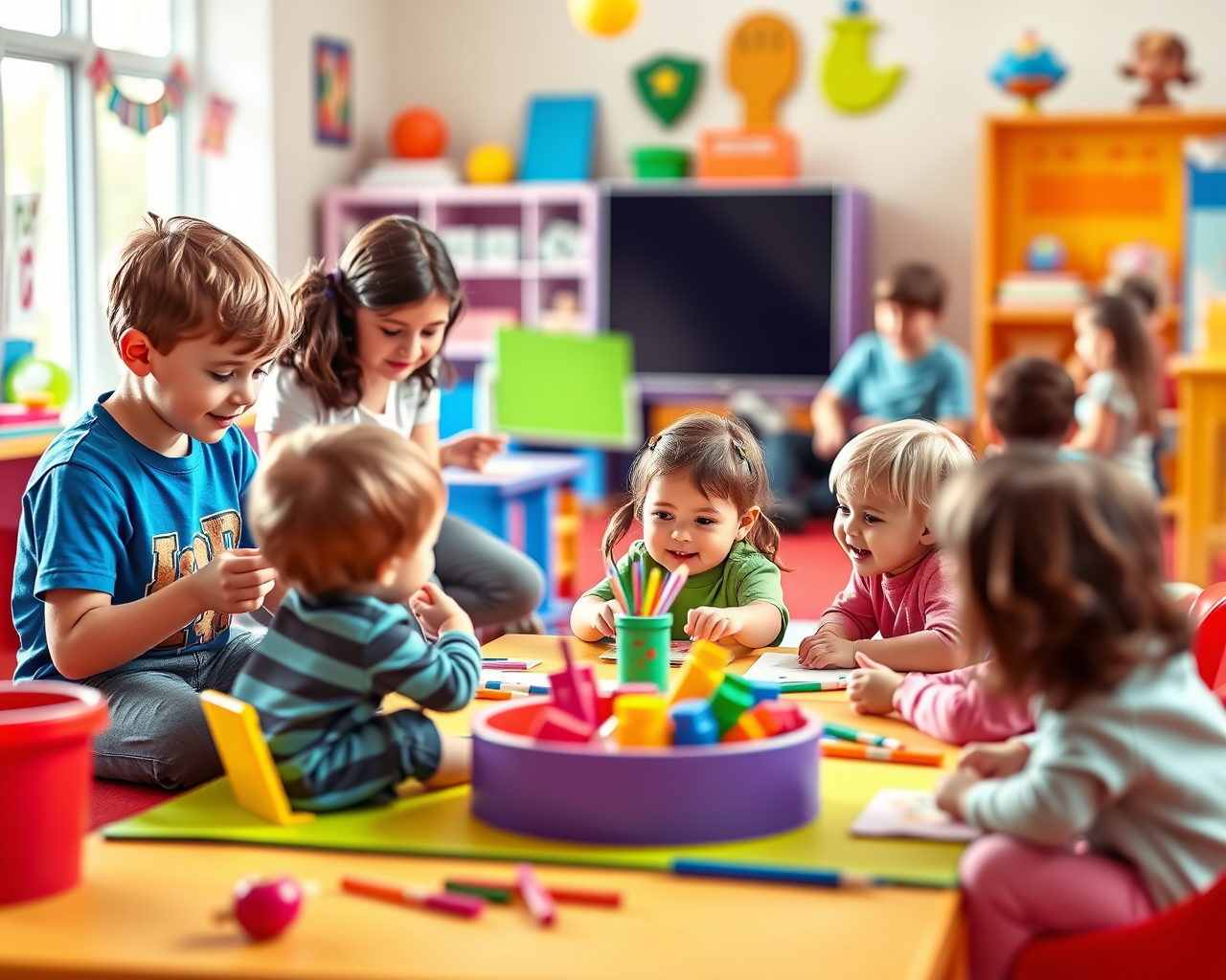 Image générée par l'intelligence artificielle montrant des enfants jouant dans un environnement de pré-maternelle.