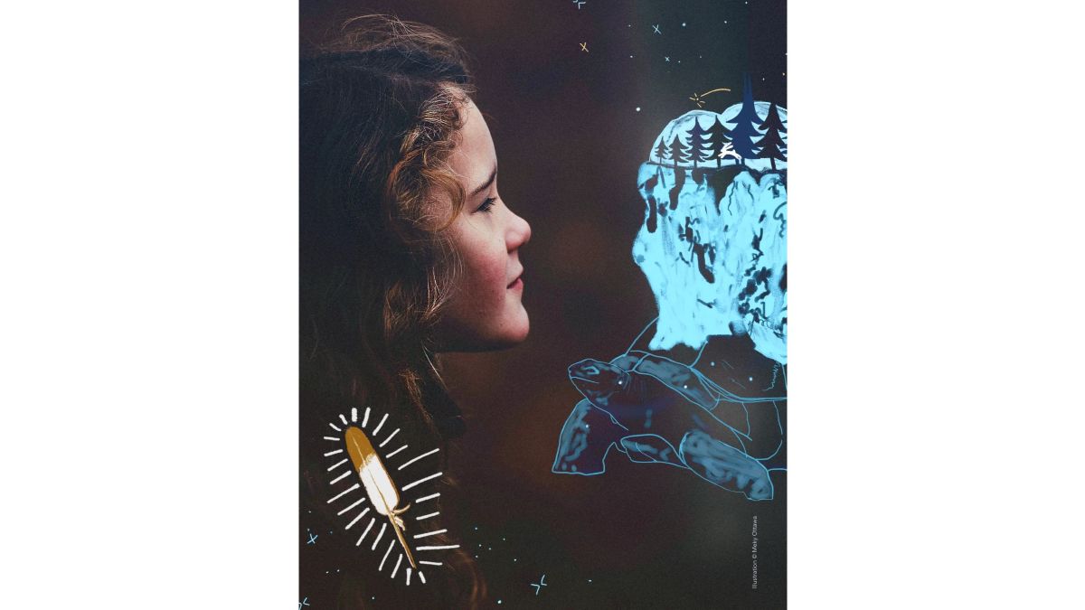 Montage promotionnel pour le spectacle "La Plume et la Tortue". Le montage montre une fille qui regarde une illustration d'une tortue qui porte tout un monde imaginaire sur sa carapace.