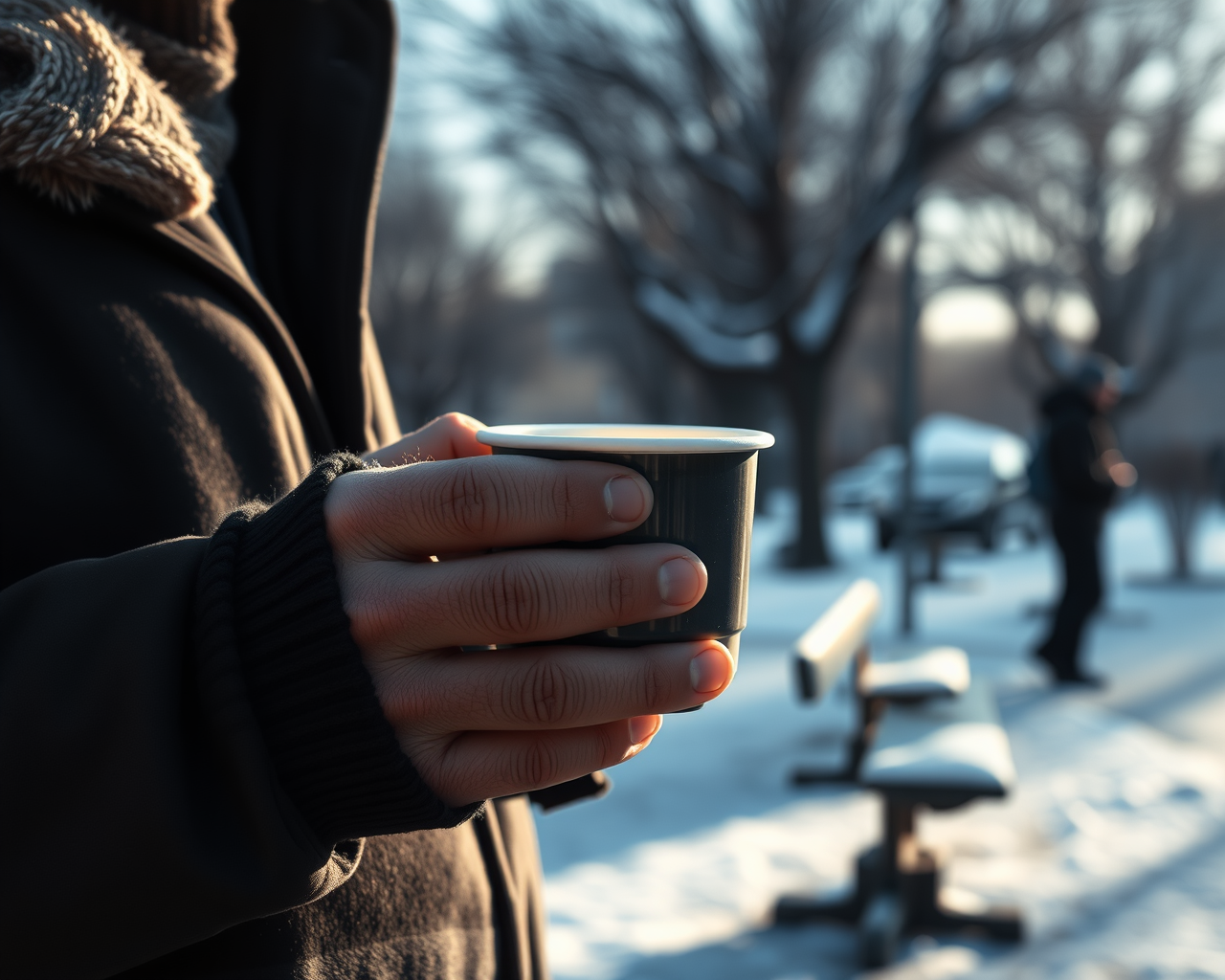 Une personne en situation d'itinérance tient un café dans un parc. Image générée par l'intelligence artificielle.