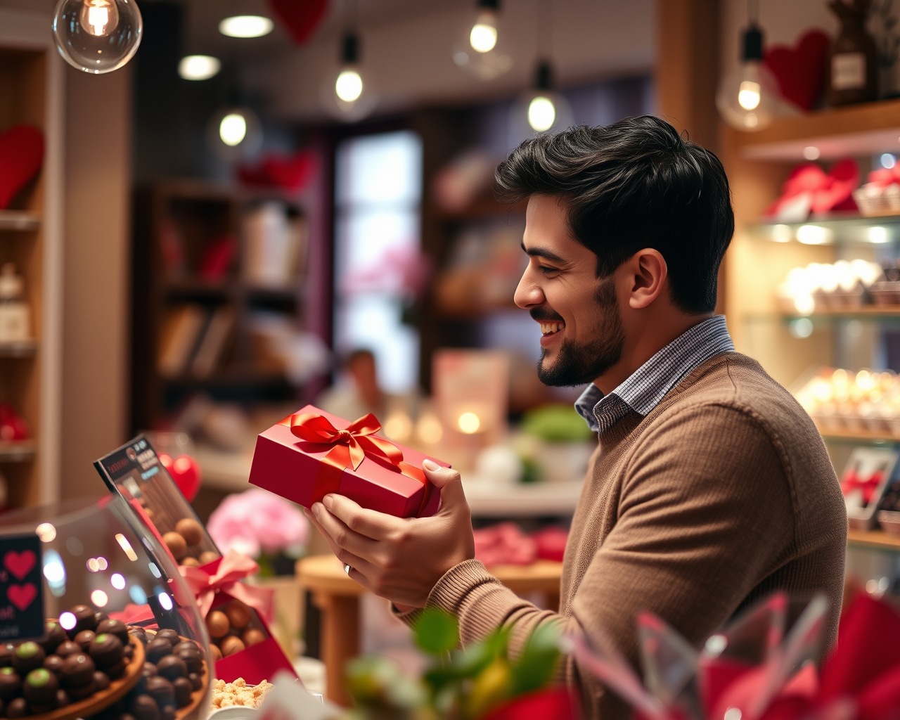 Un homme achète une boîte de chocolats dans une confiserie décorée pour la Saint-Valentin.