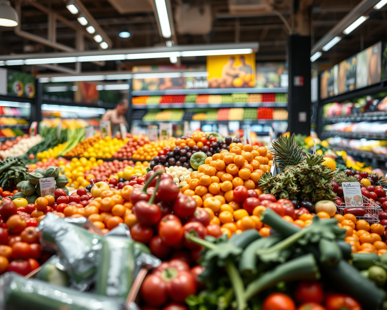 Image générée par l'intelligence artificielle montrant des présentoirs de fruits et légumes dans une épicerie.