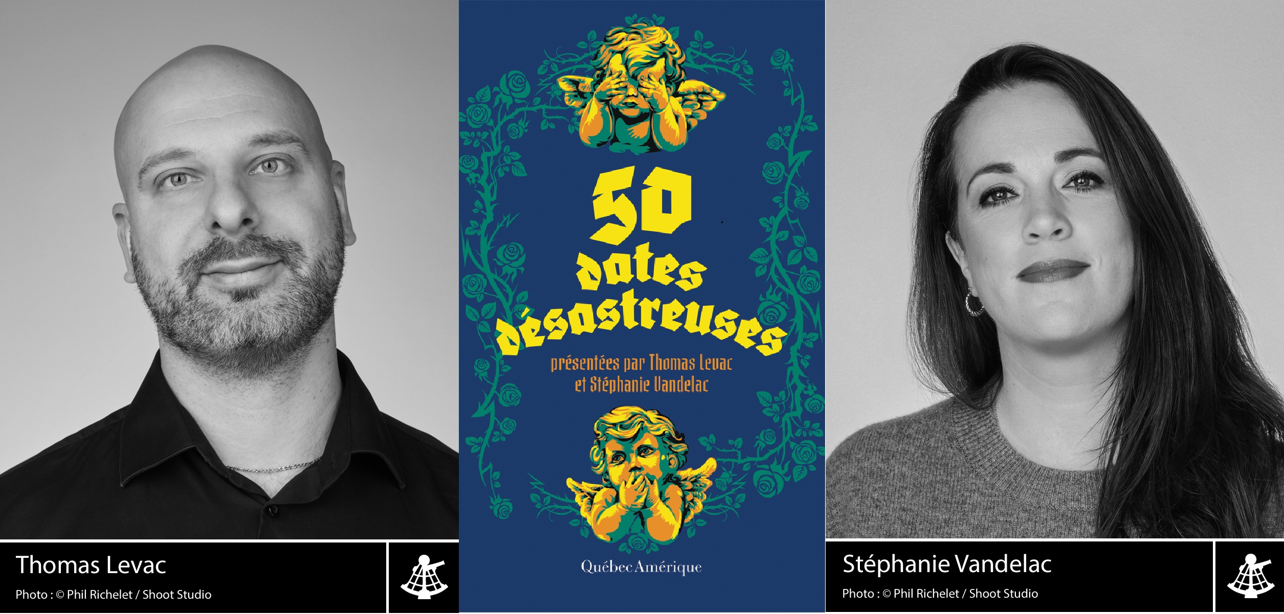 Montage montrant les photos de profil de Thomas Levac et Stéphanie Vandelac, de part et d'autre de la couverture de leur livre "50 Dates Désastreuses".