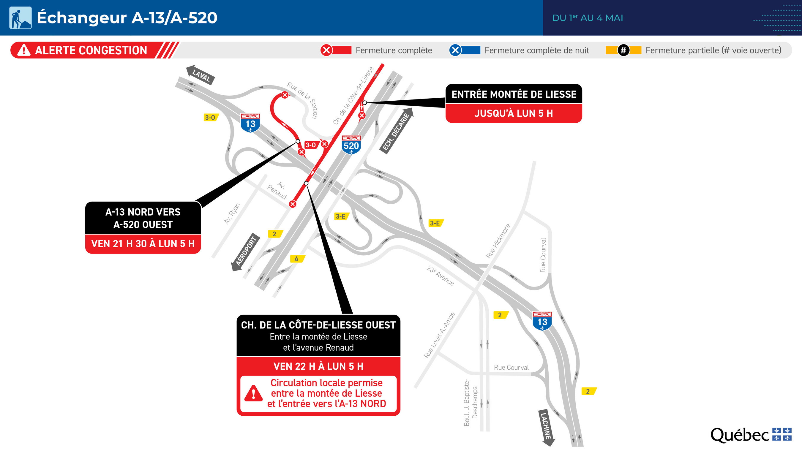 Carte montrant les voies et les bretelles fermées dans l'axe de l'autoroute 520.