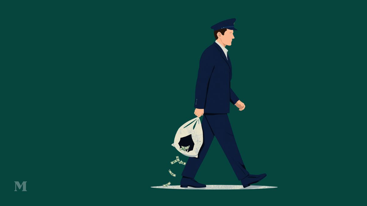 Image générée par l'intelligence artificielle montrant un facteur tenant un sac de courrier qui fuit des billets de banque.