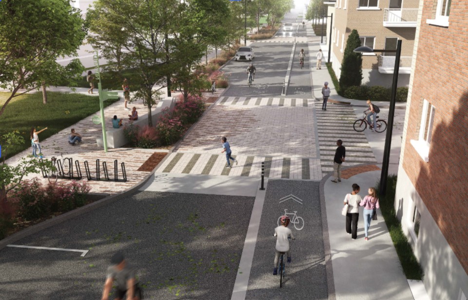 Maquette montrant l'aménagement futur de la rue De Louvain Est, avec des vélos, des piétons et beaucoup de verdure.