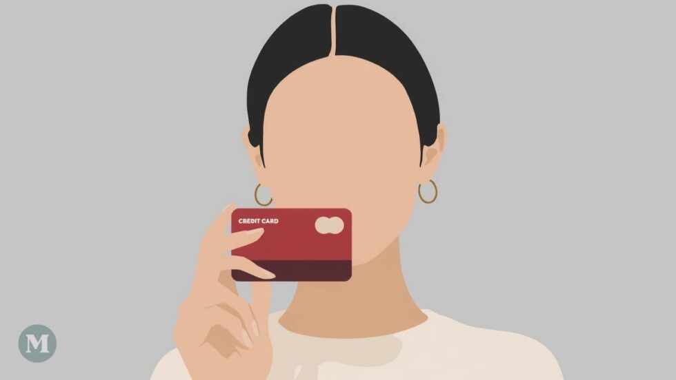 Dessin d'une femme tenant une carte de crédit.