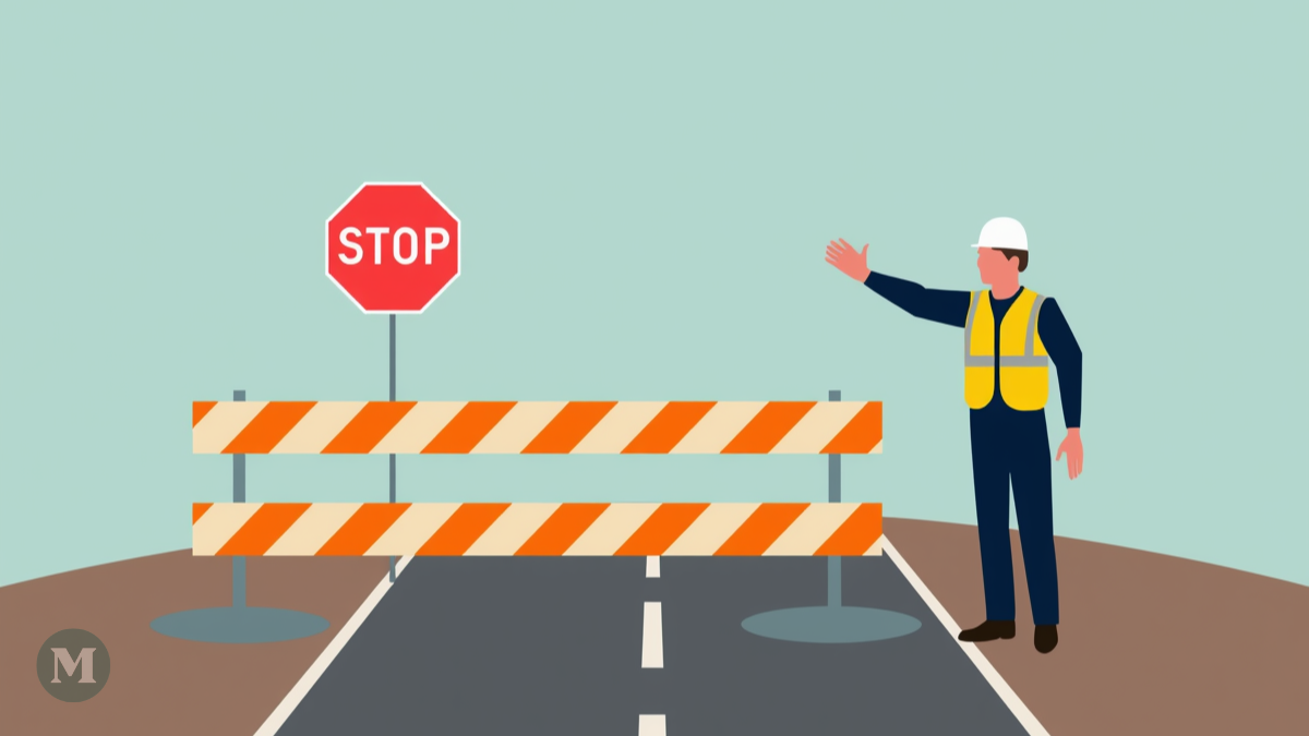 Image générée par l'intelligence artificielle montrant une rue fermée et un travailleur de la construction, en style art minimaliste.