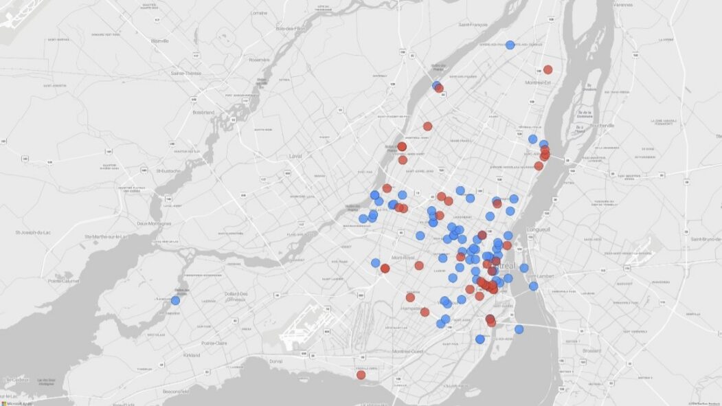 Capture d'écran d'une carte montrant la localisation des compteurs de vélos sur les pistes cyclables de Montréal.