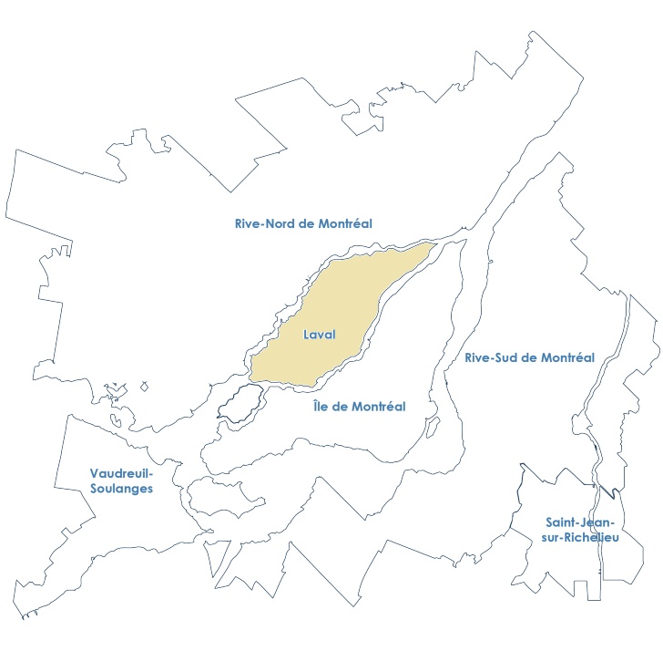 Carte de la grande région de Montréal, avec Laval en surbrillance.