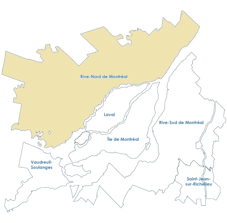 Carte de la grande région de Montréal, avec la Rive-Nord en surbrillance.