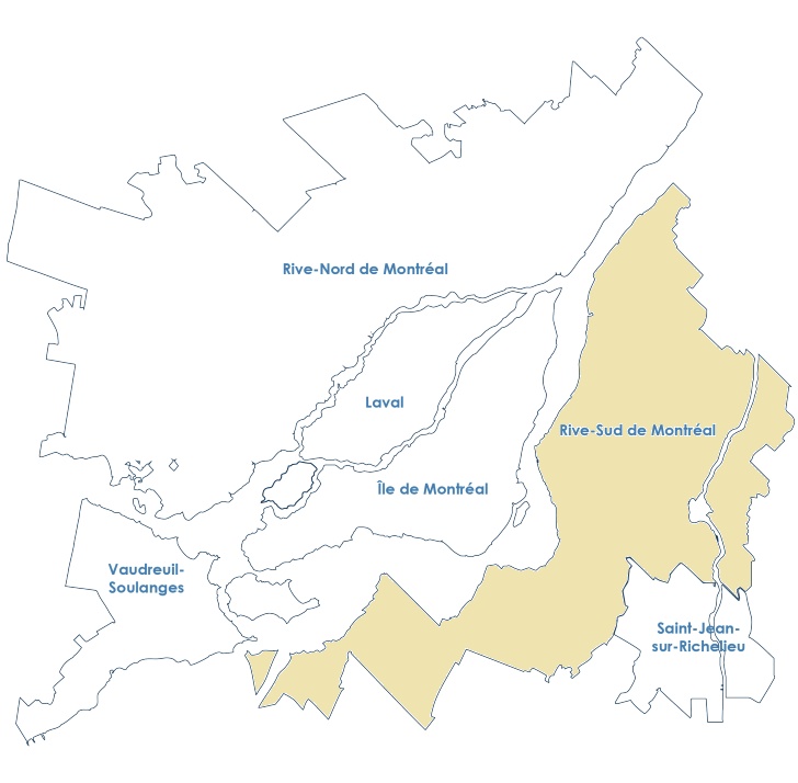 Carte de la grande région de Montréal, avec la Rive-Sud en surbrillance.