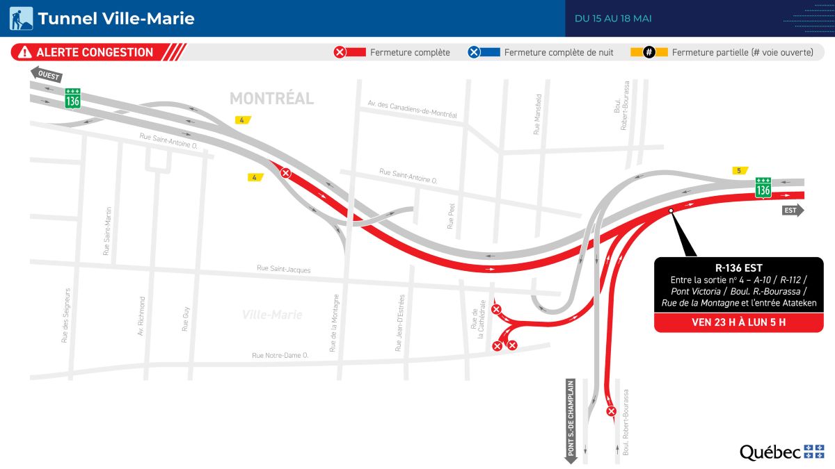 Carte montrant le tronçon de la route 136 affecté par la fermeture prévue la fin de semaine du 15 mai.