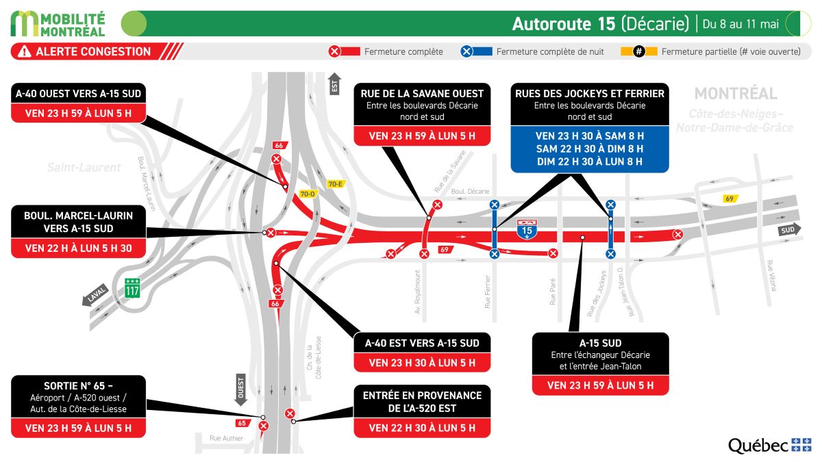 Carte des fermetures prévues sur l'autoroute 15 et les rues environnantes dans la fin de semaine du 8 au 10 mai 2026.
