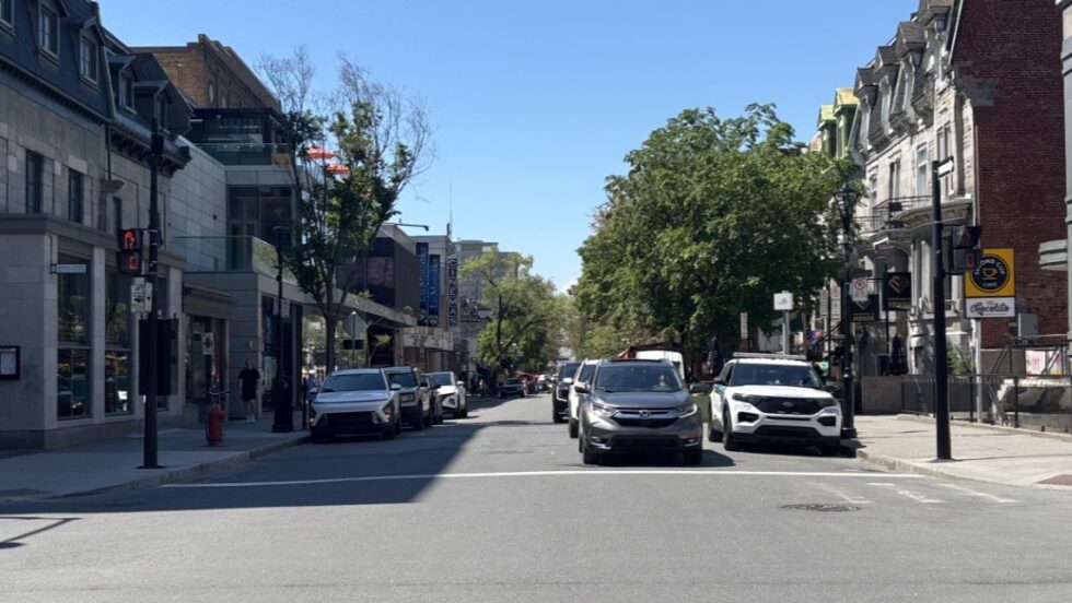 Vue de la rue Saint-Denis vers le nord, à partir du boulevard de Maisonneuve, en été.