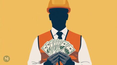 Dessin dans le style de l'art minimaliste généré par l'intelligence artificiel montrant un homme avec un casque de chantier et tenant de l'argent.