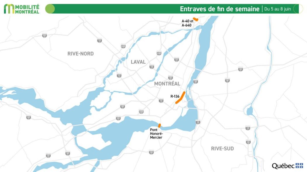 Carte montrant les fermetures affectant les tunnels Ville-Marie et Viger, le pont Honoré-Mercier et l'autoroute 630 pendant la fin de semaine du 5 au 8 juin 2026.